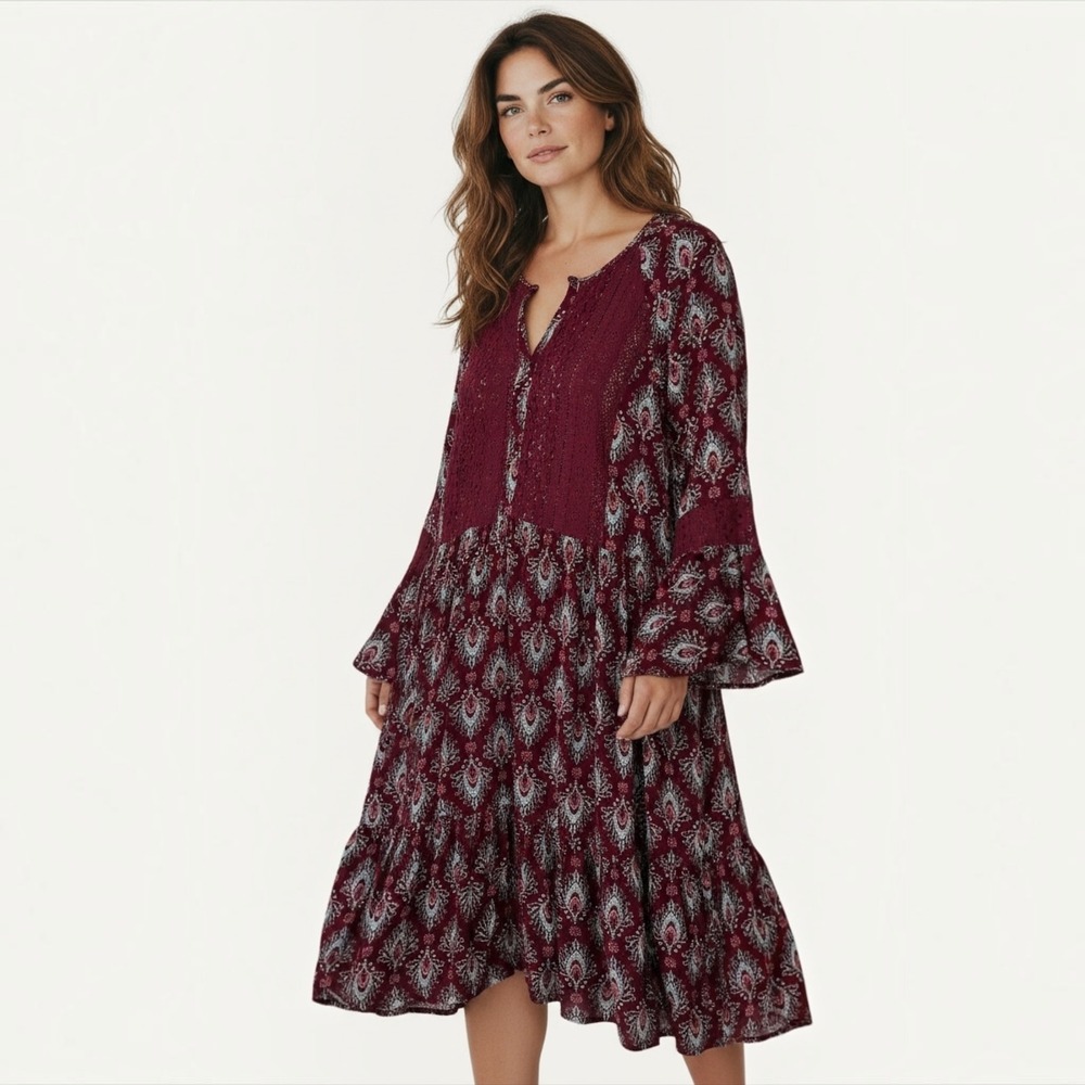 Boho Midi Dress Size 26/28 Rayon Paisley Lace Bell Sleeve Burgundy Cottagecore